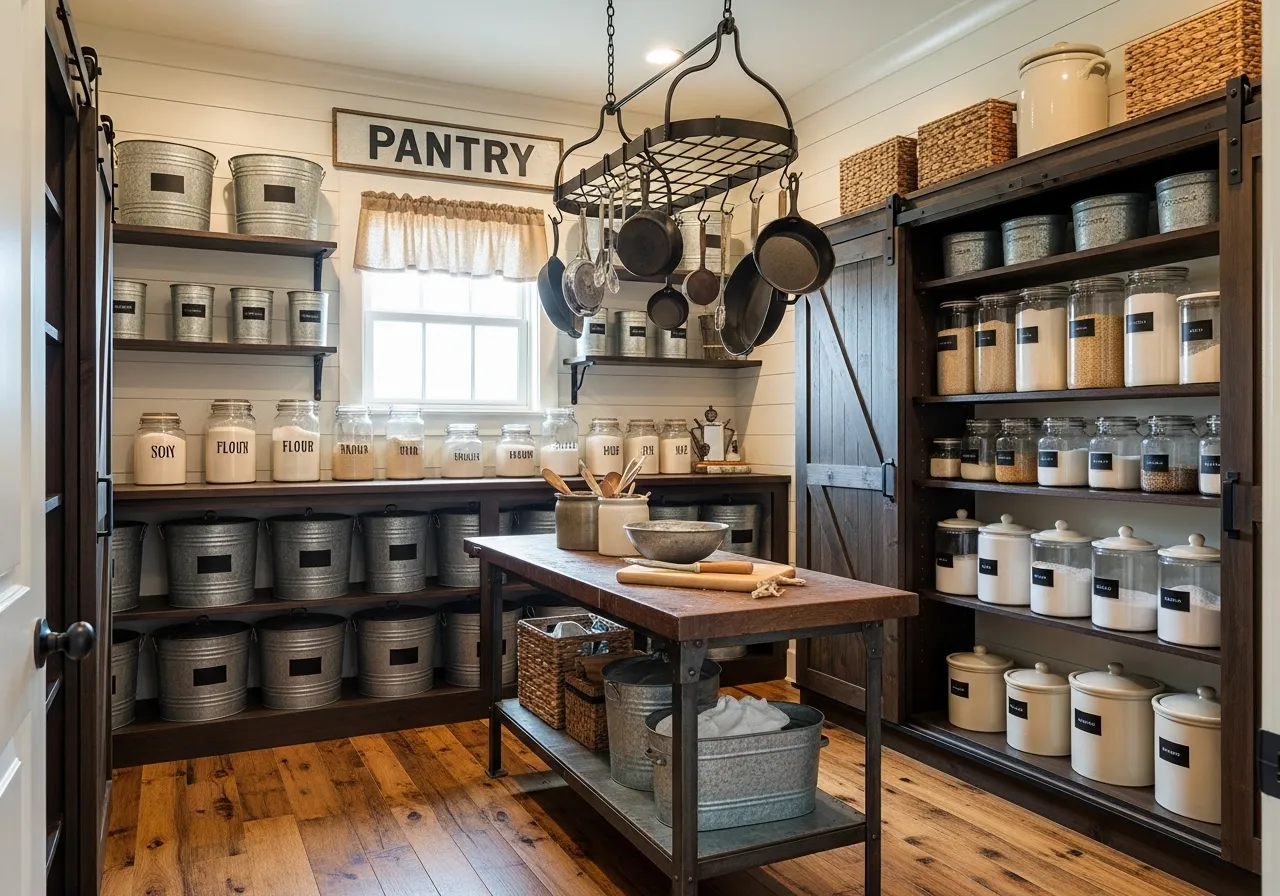Galvanized tubs used for bulk storage in a farmhouse pantry
