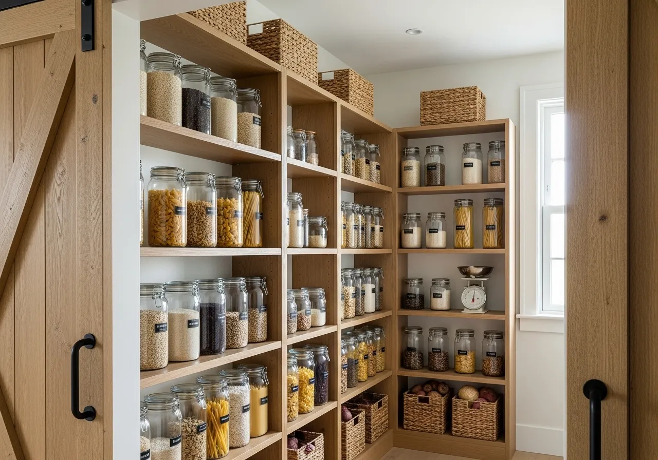 Glass canisters used for organized farmhouse pantry storage