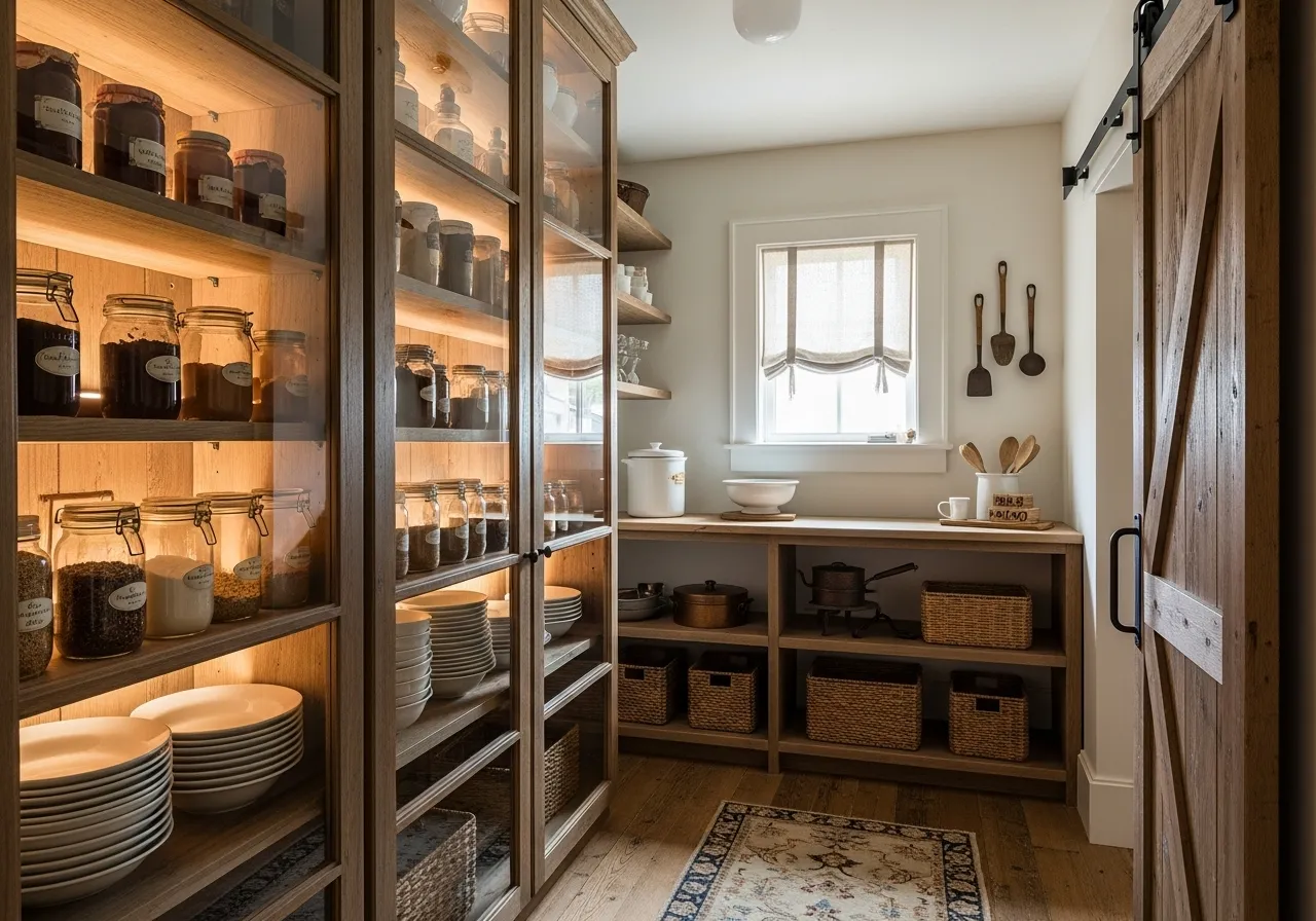 Glass-front cabinets showcasing organized storage in a farmhouse pantry