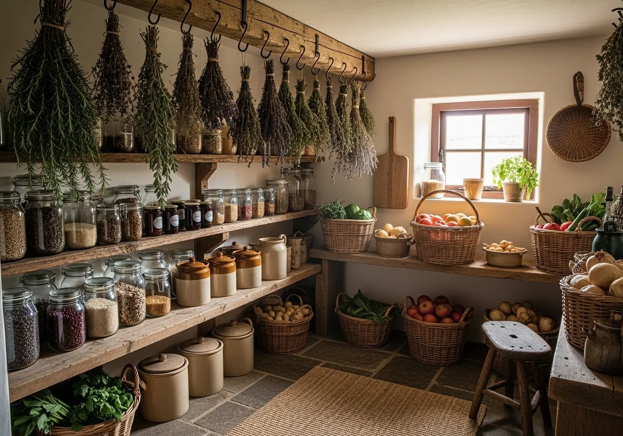 Hanging herbs adding charm and function to a farmhouse pantry