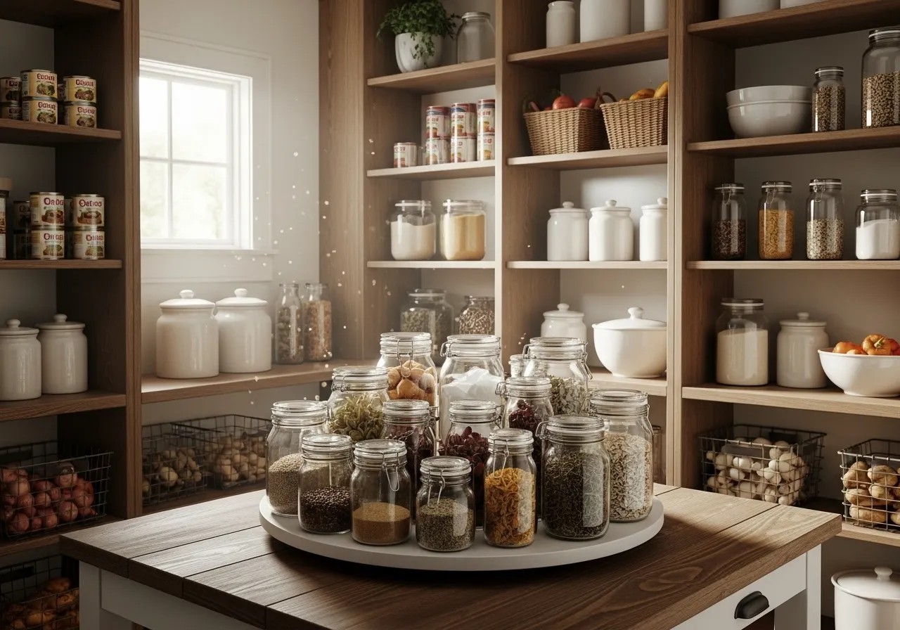 Lazy Susan used for easy organization in a farmhouse pantry
