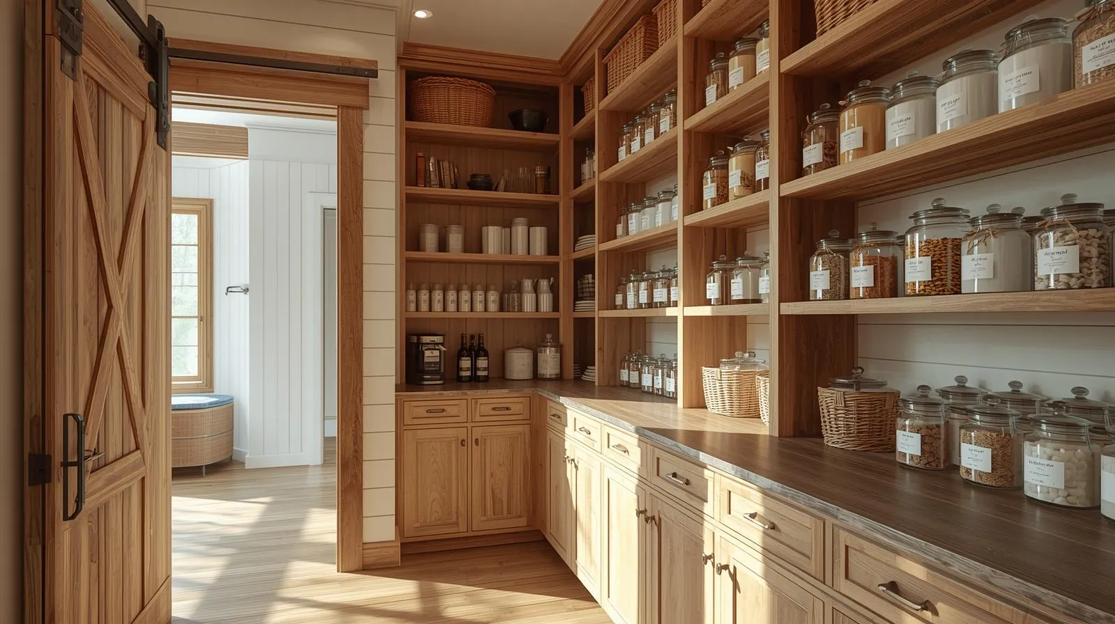 Luxury farmhouse pantry with open wooden shelving, organized jars and canisters, wicker baskets, rustic wood textures, and bright neutral farmhouse style