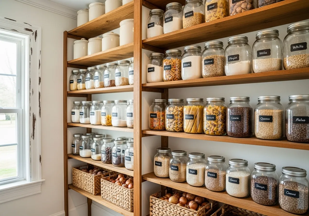 Mason jar organization in a clean and stylish farmhouse pantry