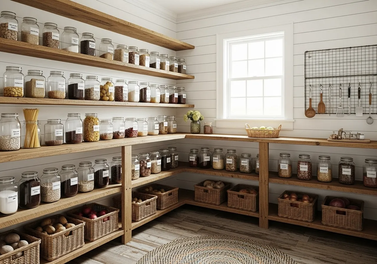 Open shelving farmhouse pantry with organized jars and rustic wooden shelves