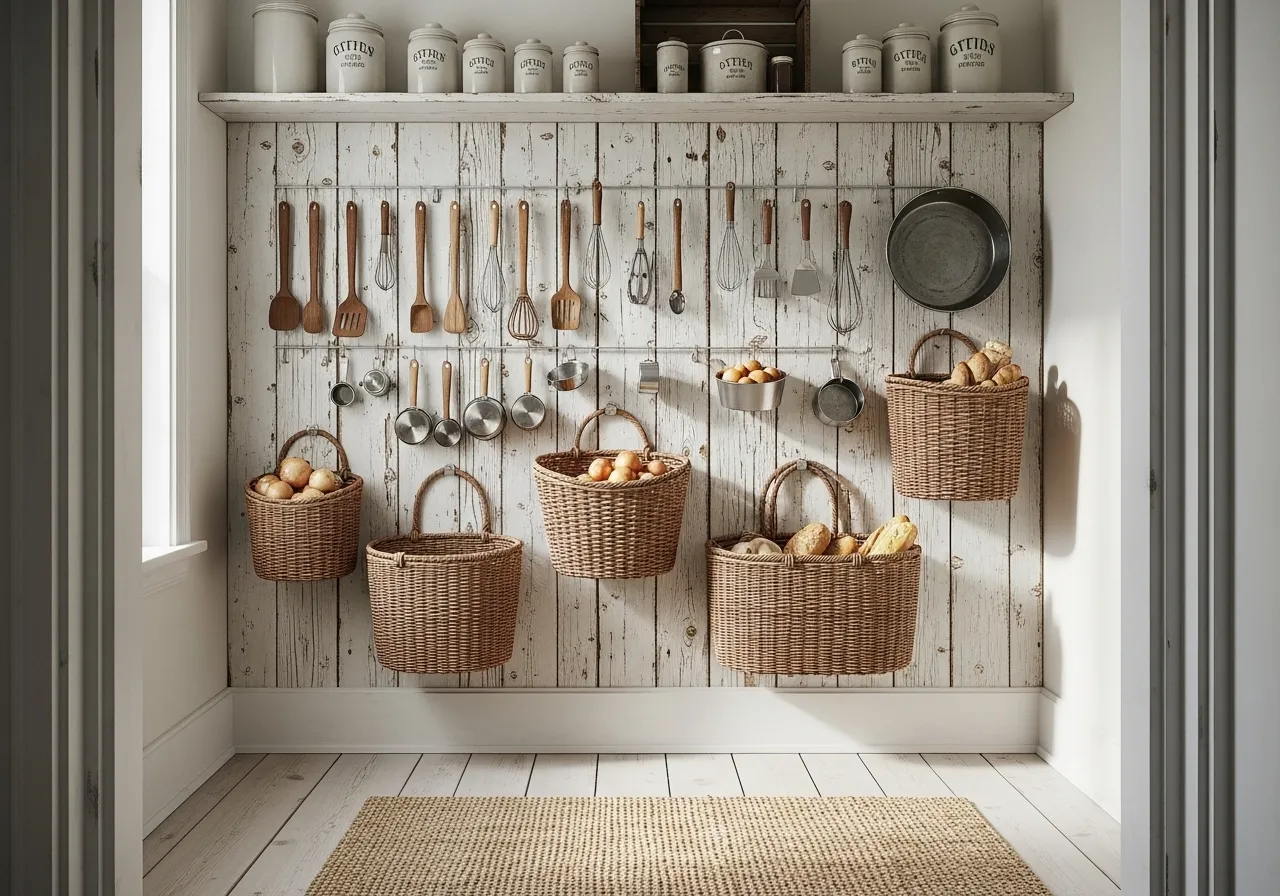 Pegboard wall storage solution in a farmhouse pantry