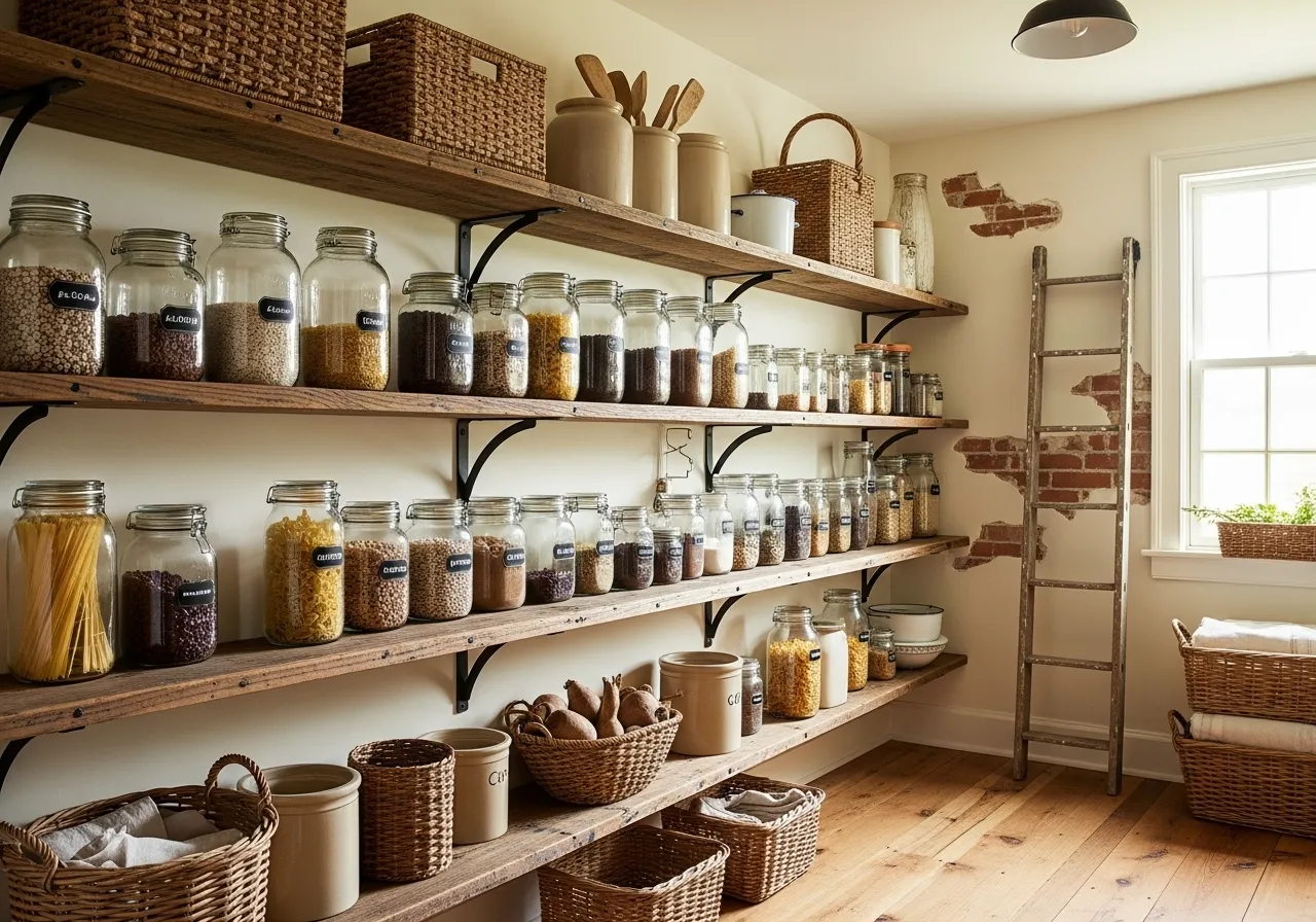 Reclaimed wood shelving in a rustic farmhouse pantry