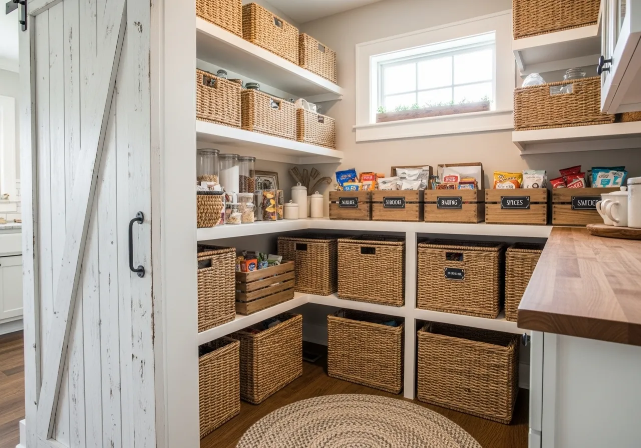 Wicker baskets organizing snacks in a farmhouse pantry