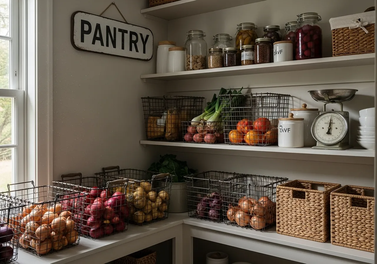 Rustic wire baskets used for storage in a farmhouse pantry