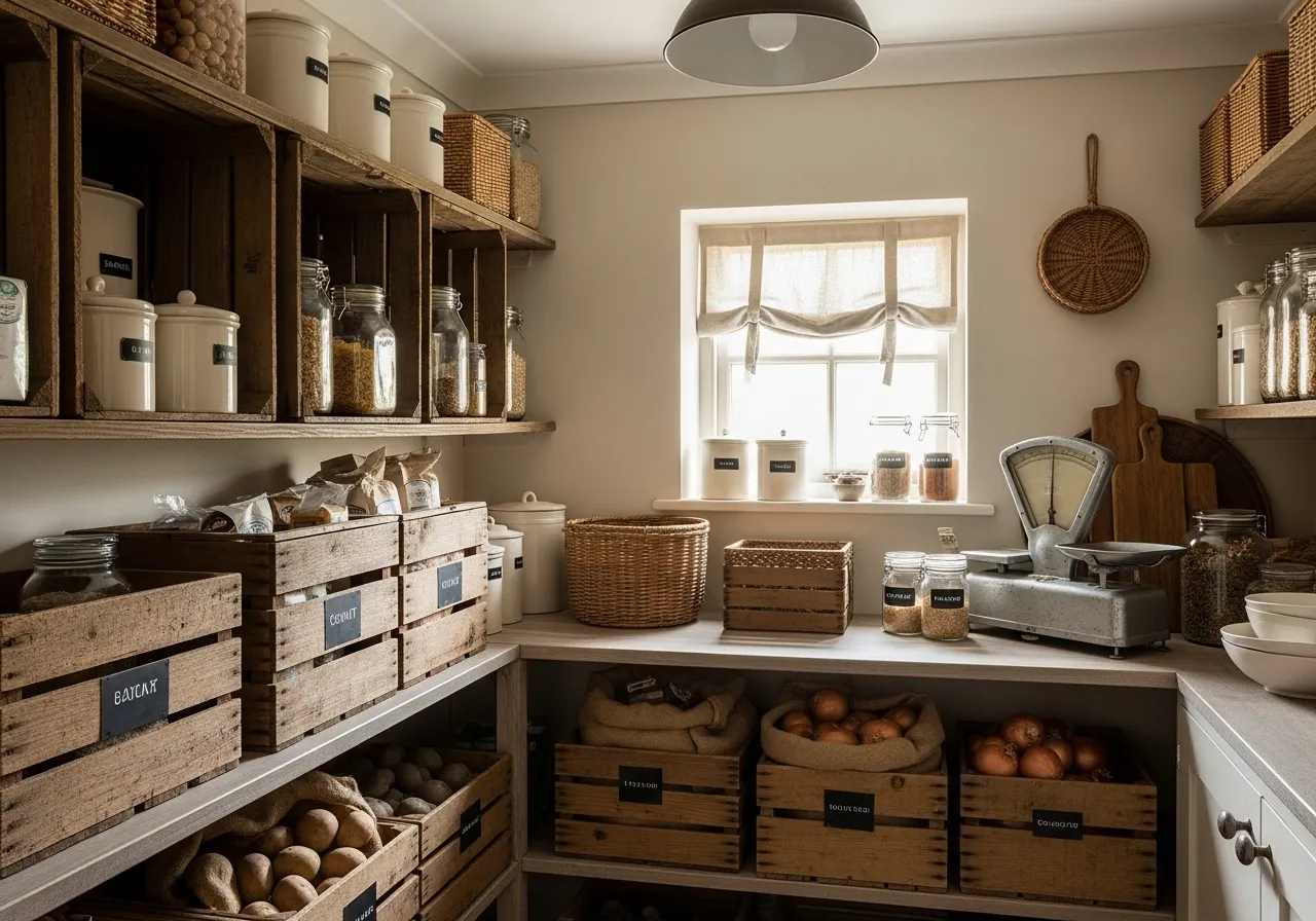 Vintage wooden crates adding rustic storage to a farmhouse pantry