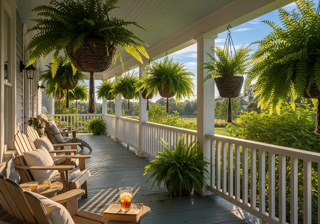 Hanging greenery on a farmhouse porch