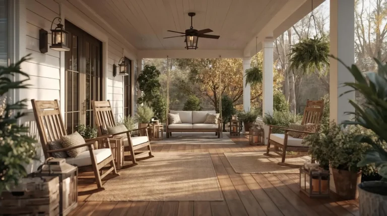 Luxury farmhouse porch with rustic seating, shiplap walls, warm lighting, and cozy décor ideas