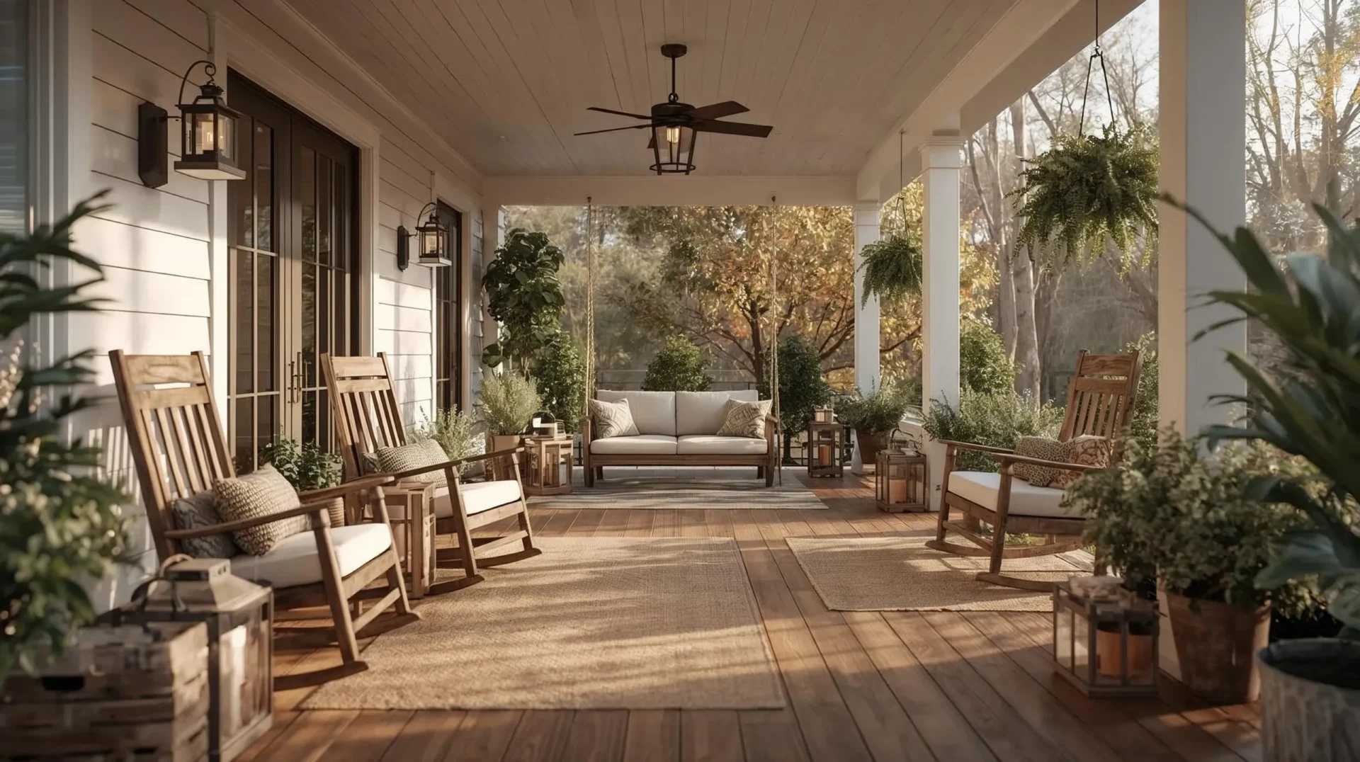 Luxury farmhouse porch with rustic seating, shiplap walls, warm lighting, and cozy décor ideas