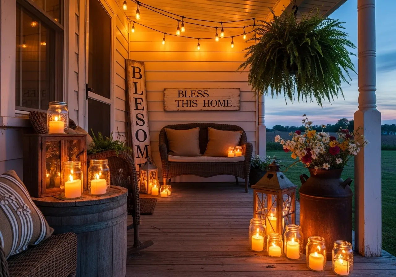 Mason jar décor on a farmhouse porch