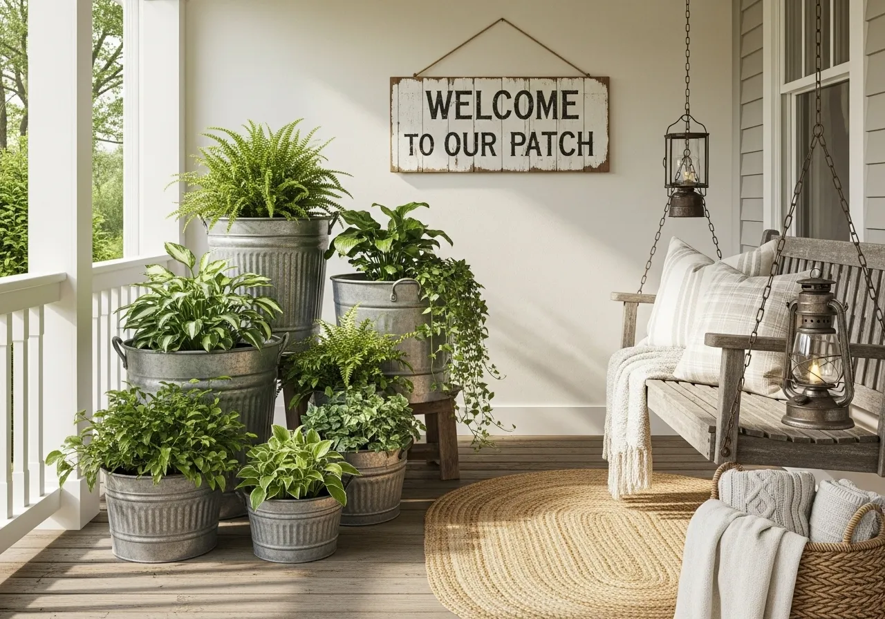 Galvanized metal planters on a farmhouse porch