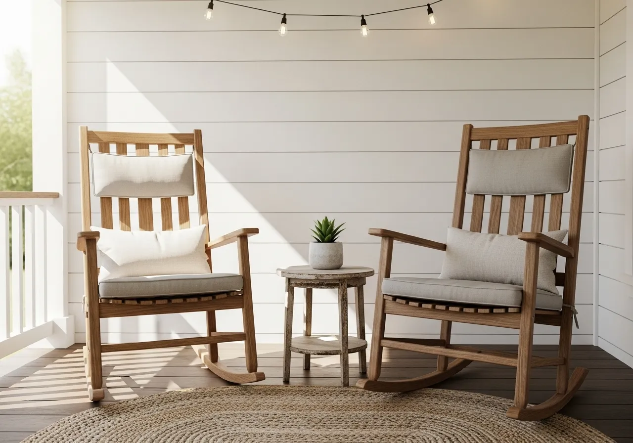 Wooden rocking chairs on a cozy farmhouse porch