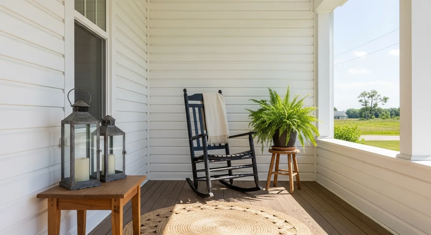 White shiplap walls on a farmhouse porch