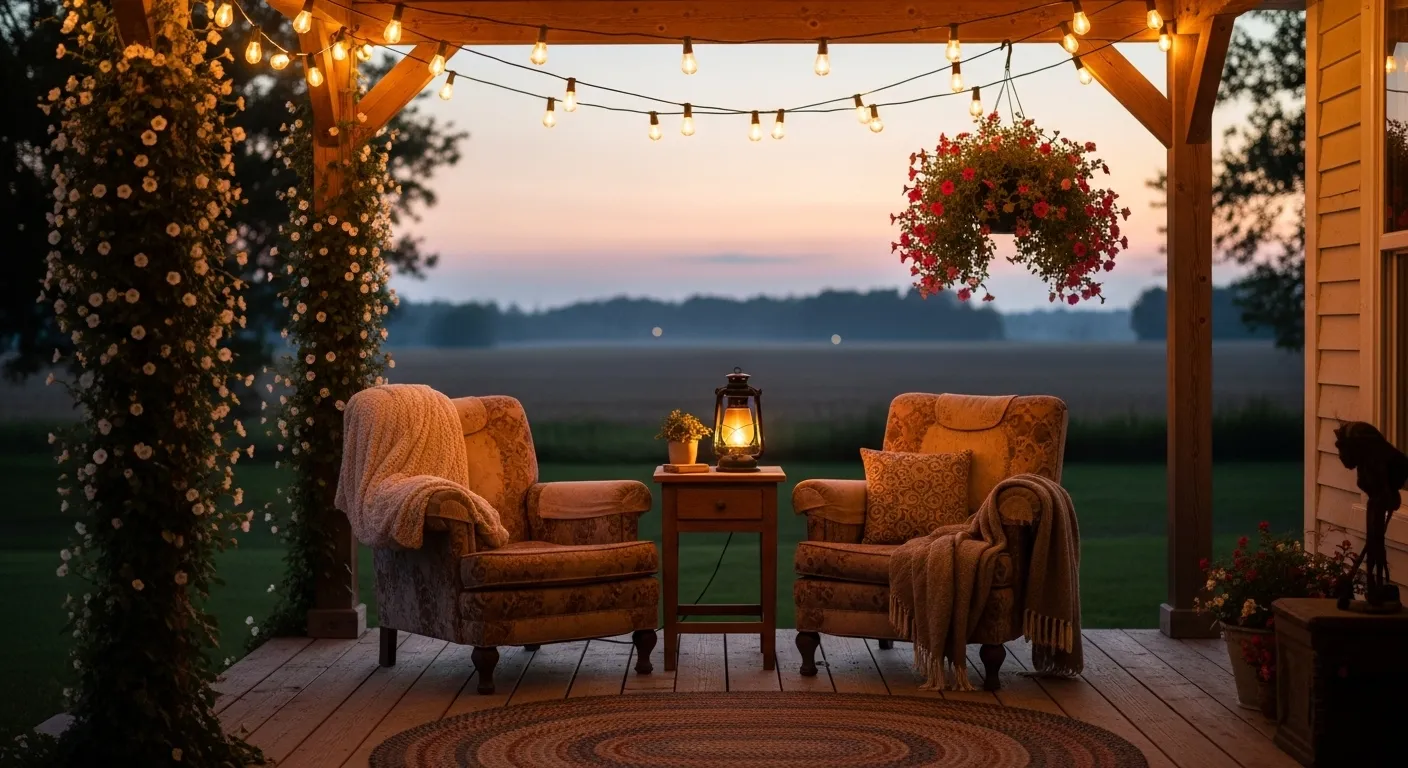 String lights creating cozy farmhouse porch ambiance