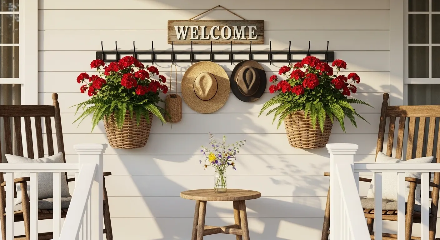 Rustic wall hooks on a farmhouse porch