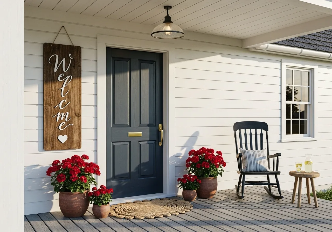 welcome sign on a farmhouse porch