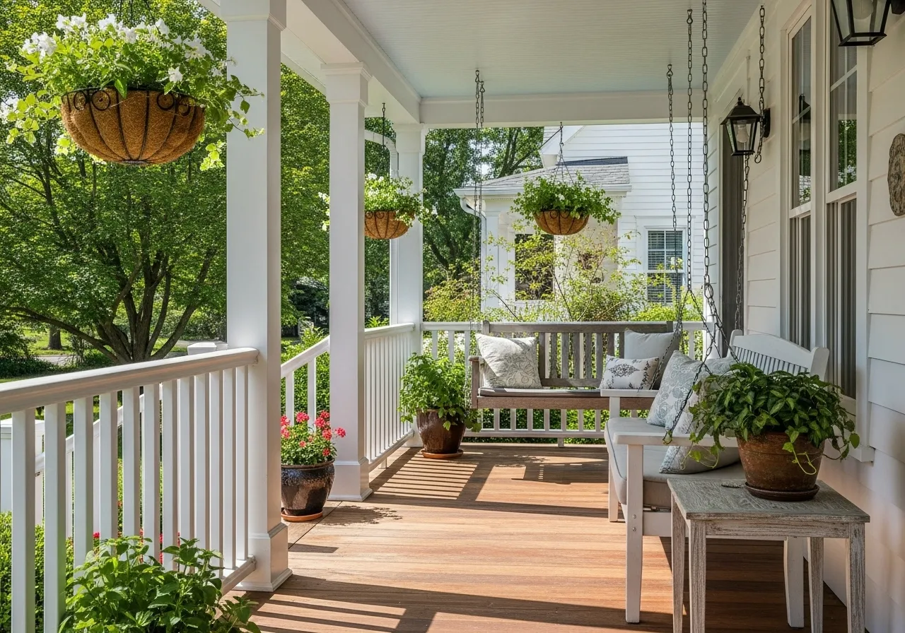 White railings on a classic farmhouse porch