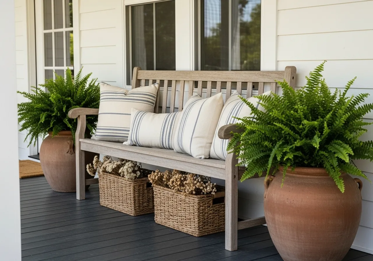 Rustic wooden bench on a farmhouse porch