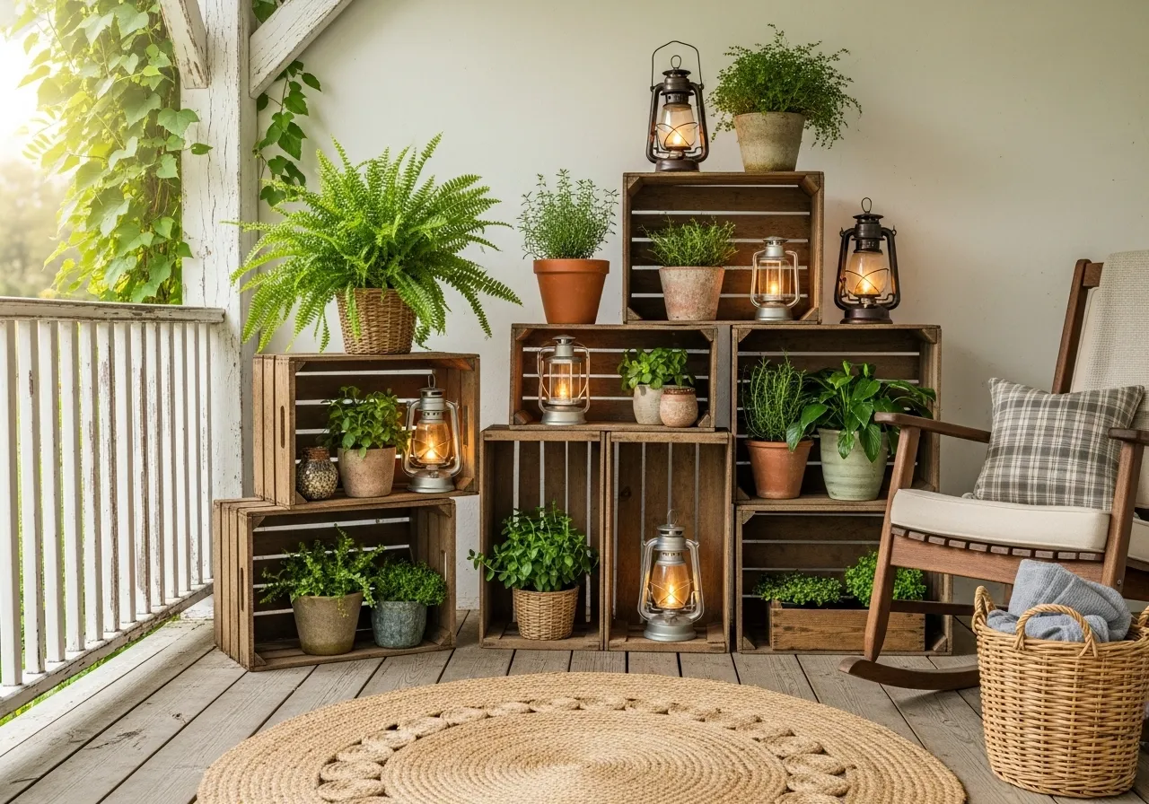 Wooden crates used as farmhouse porch décor