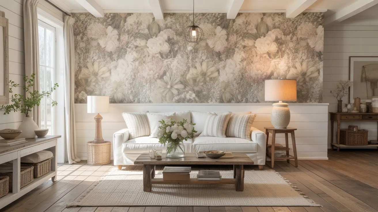 Farmhouse wallpaper ideas featuring cozy neutral patterns and rustic farmhouse decor