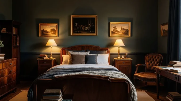 Featured dark academia bedroom with moody walls, vintage furniture, layered bedding, and warm ambient lighting