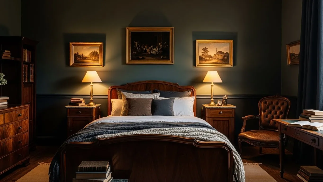 Featured dark academia bedroom with moody walls, vintage furniture, layered bedding, and warm ambient lighting