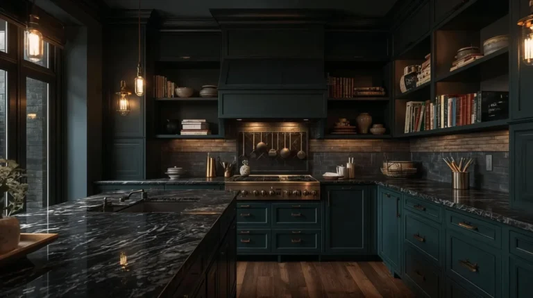 Featured dark academia kitchen with moody cabinets, brass accents, warm lighting, dark marble counters, and vintage decor