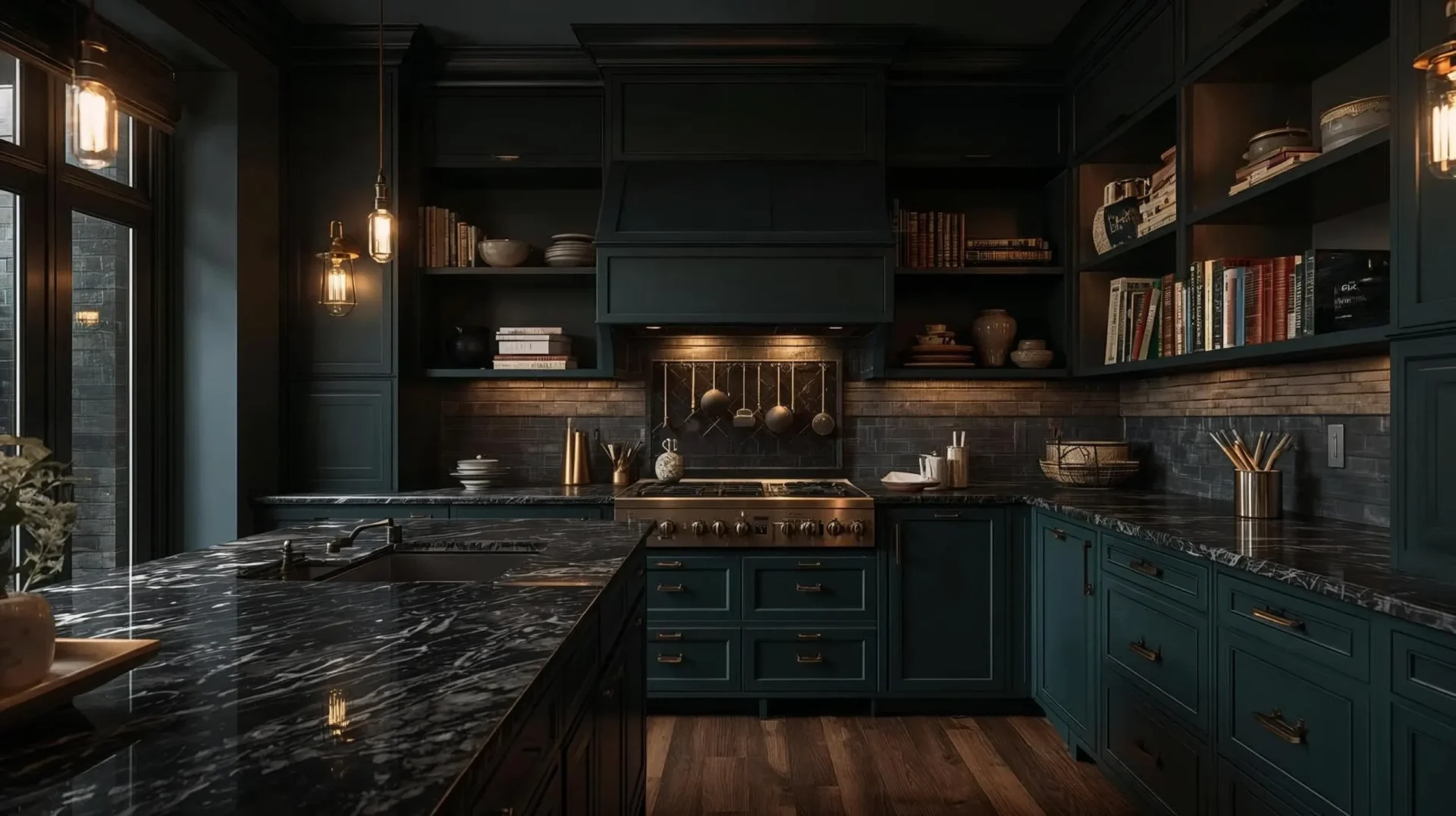 Featured dark academia kitchen with moody cabinets, brass accents, warm lighting, dark marble counters, and vintage decor