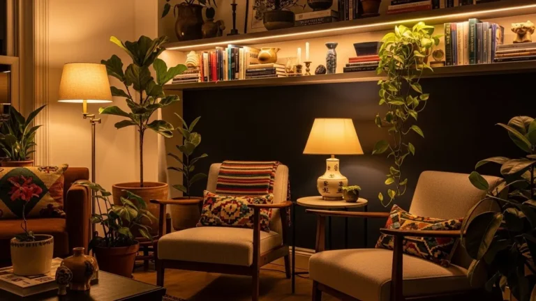 Featured eclectic apartment living room with modern furniture, vintage decor, bold art, and warm layered textures