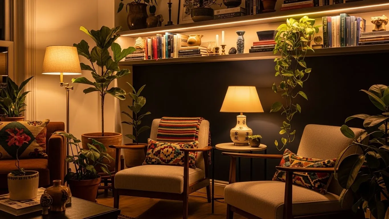 Featured eclectic apartment living room with modern furniture, vintage decor, bold art, and warm layered textures