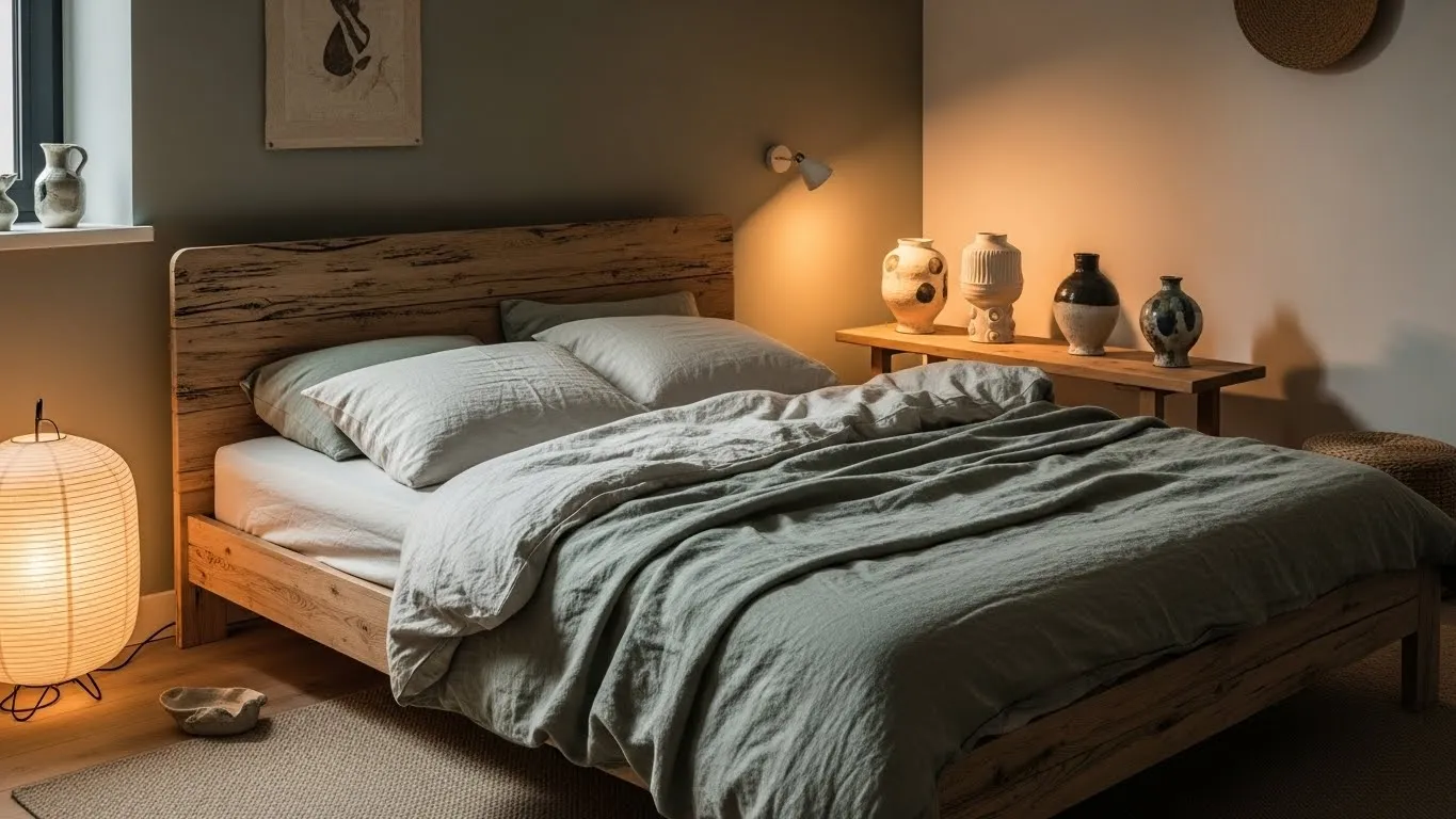 Featured wabi-sabi bedroom with earthy tones, natural textures, and calm minimalist design