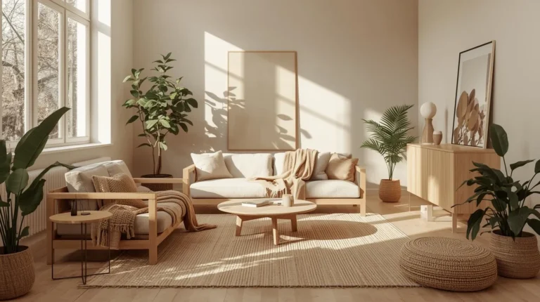 Featured warm earthy living room with natural textures, cozy tones, wood furniture, and inviting sunlight