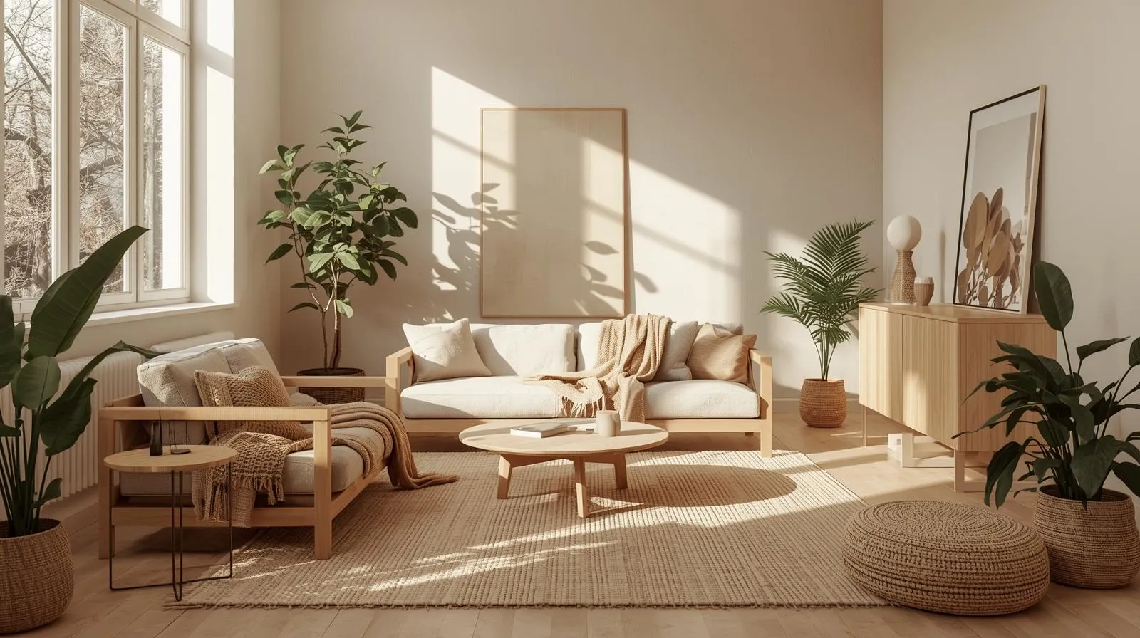 Featured warm earthy living room with natural textures, cozy tones, wood furniture, and inviting sunlight