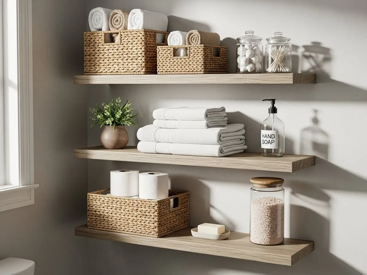 Floating bathroom shelf decor ideas with woven baskets for storage