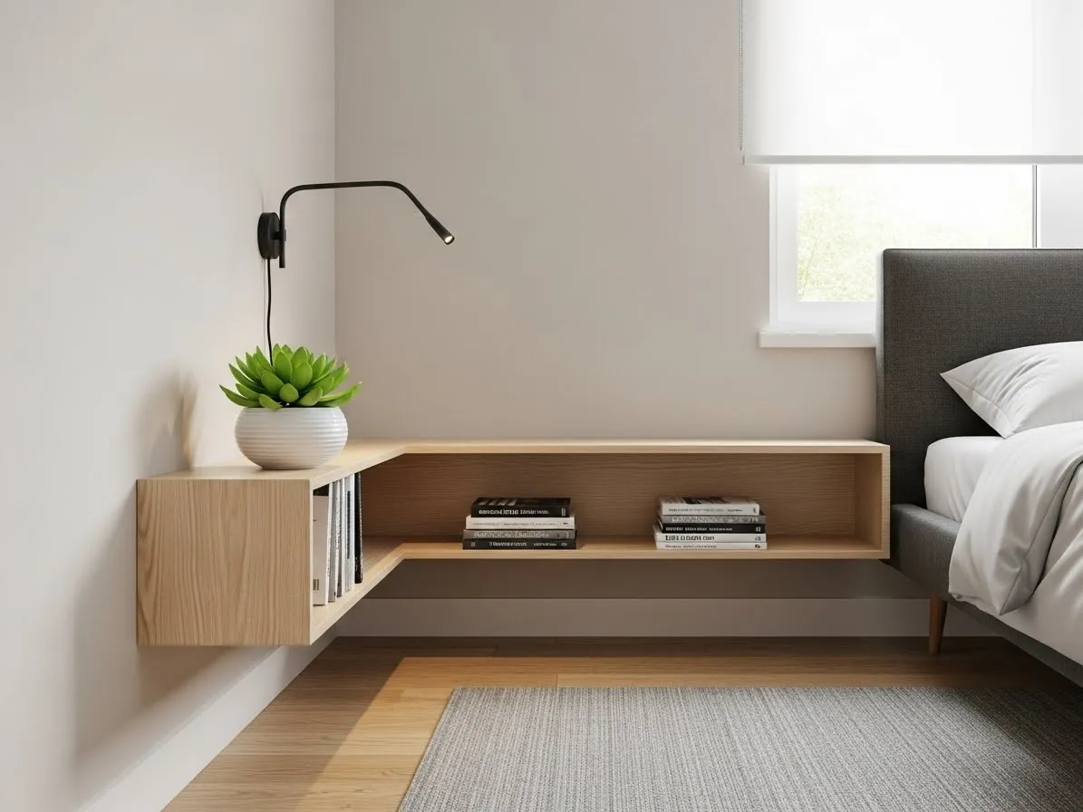 Floating bedside table shelf idea for small and modern bedrooms