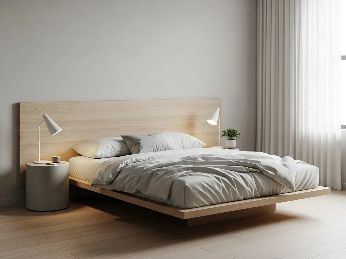 Minimal bedroom with a floating headboard creating a clean and modern look.