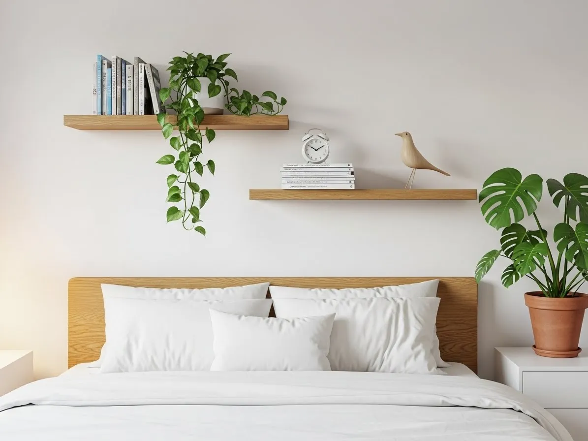 Floating oak shelves on white walls in a modern bedroom