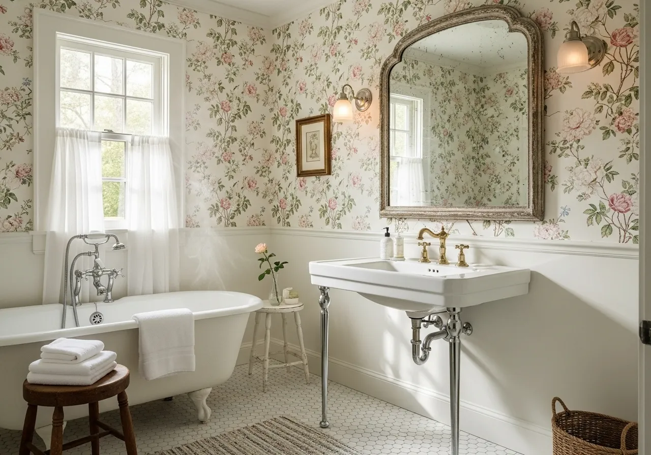 Cottage bathroom ideas with floral wallpaper