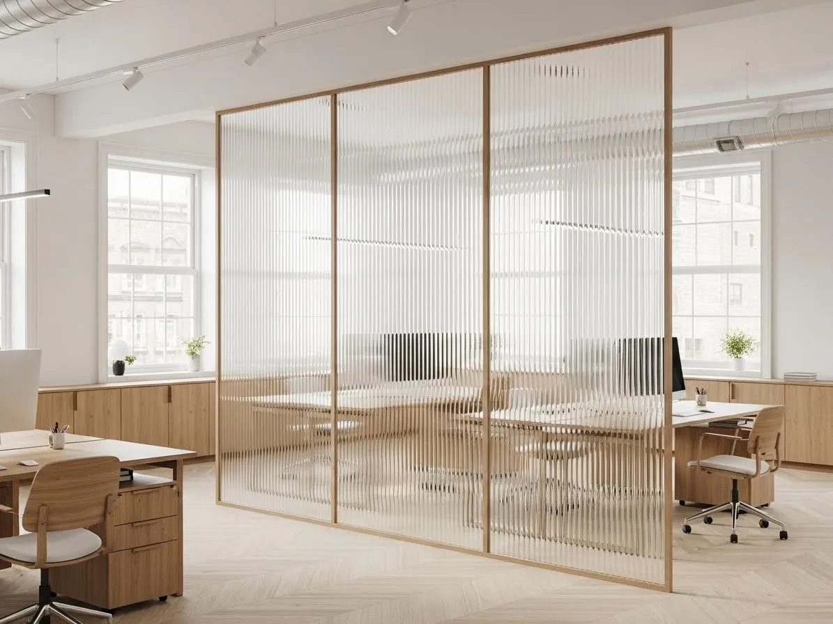 Fluted glass panel partition creating privacy while letting light pass