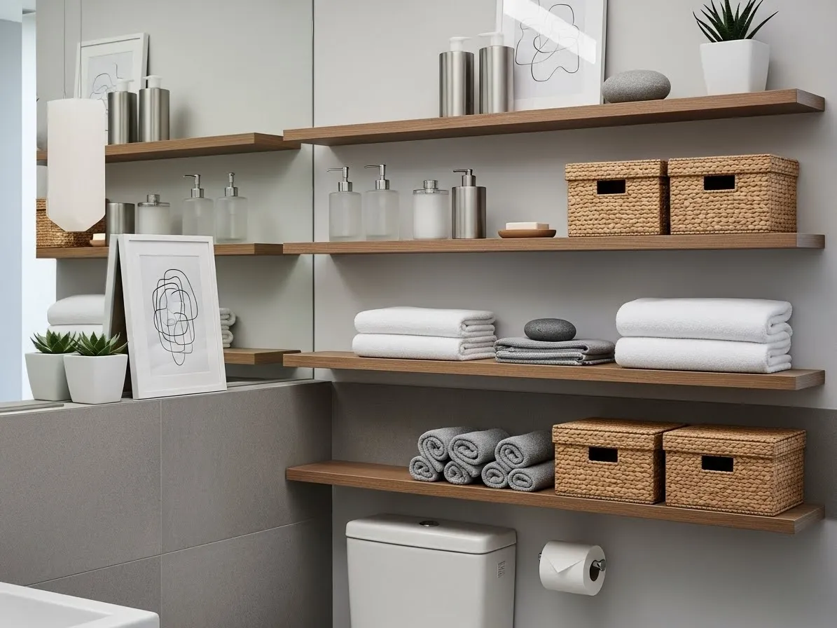 Functional bathroom shelf decor ideas combining storage and decor