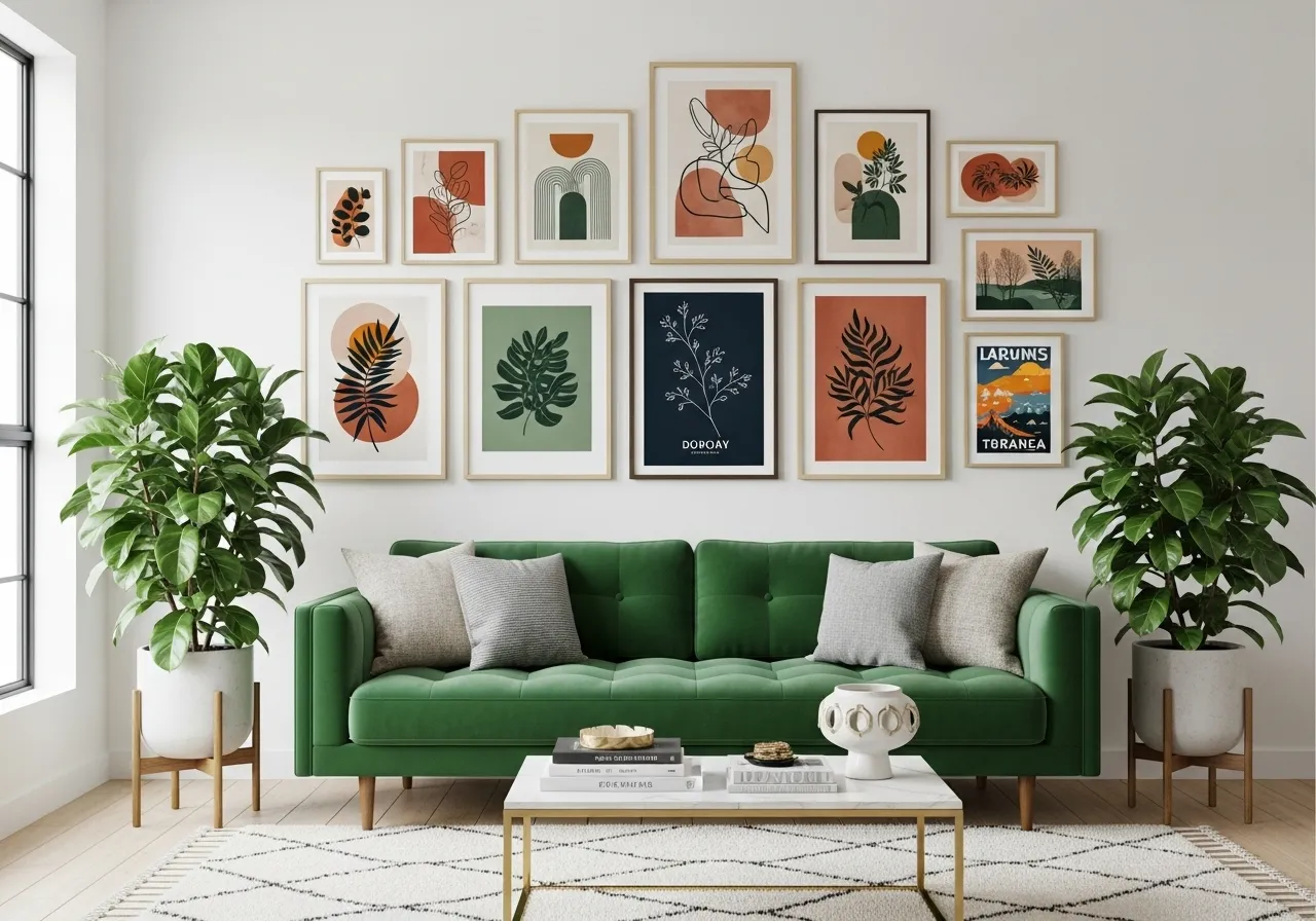 Living-room-with-green-sofa featuring gallery wall art