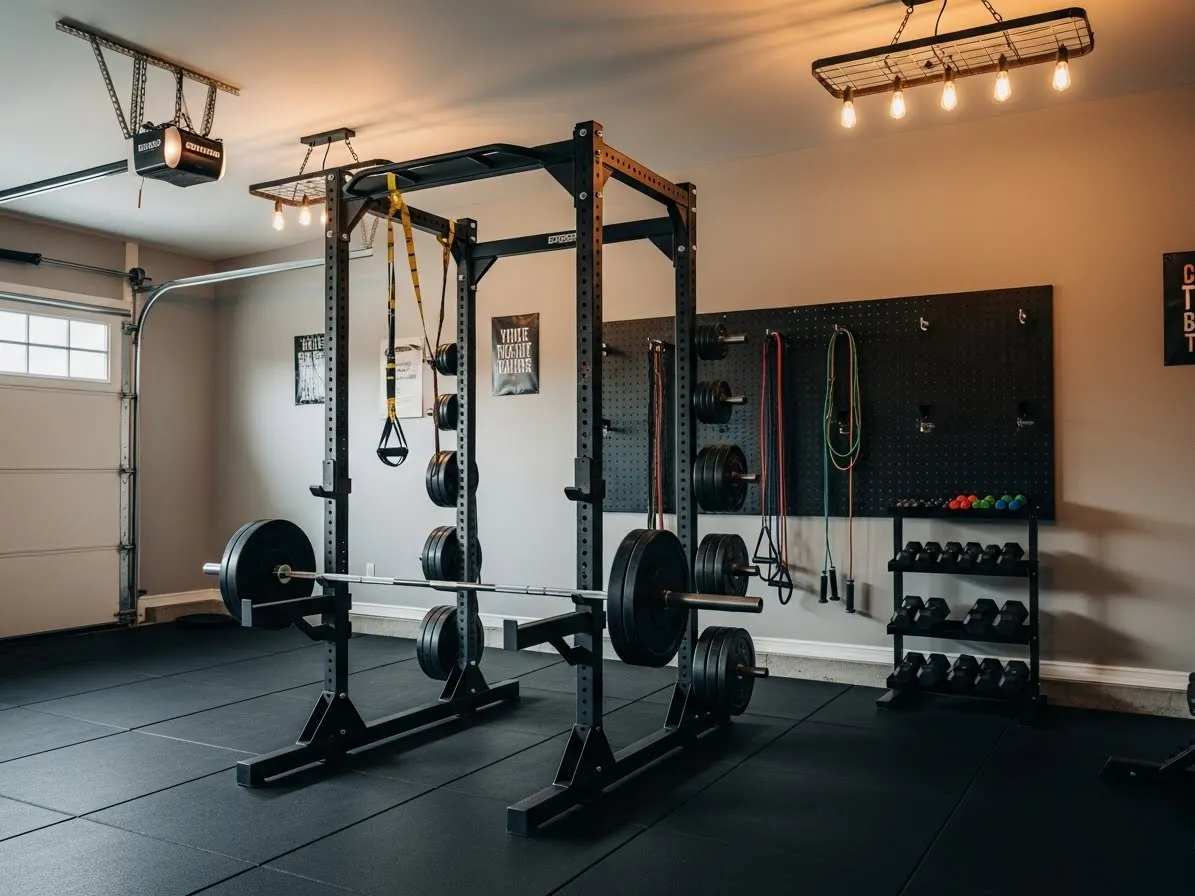 Garage home gym ideas with strength training setup and rubber flooring