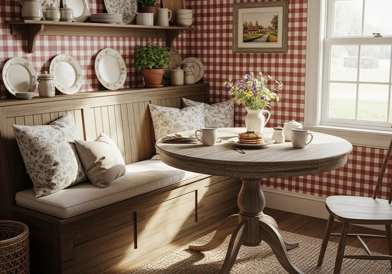 Gingham farmhouse wallpaper ideas for cozy country kitchens
