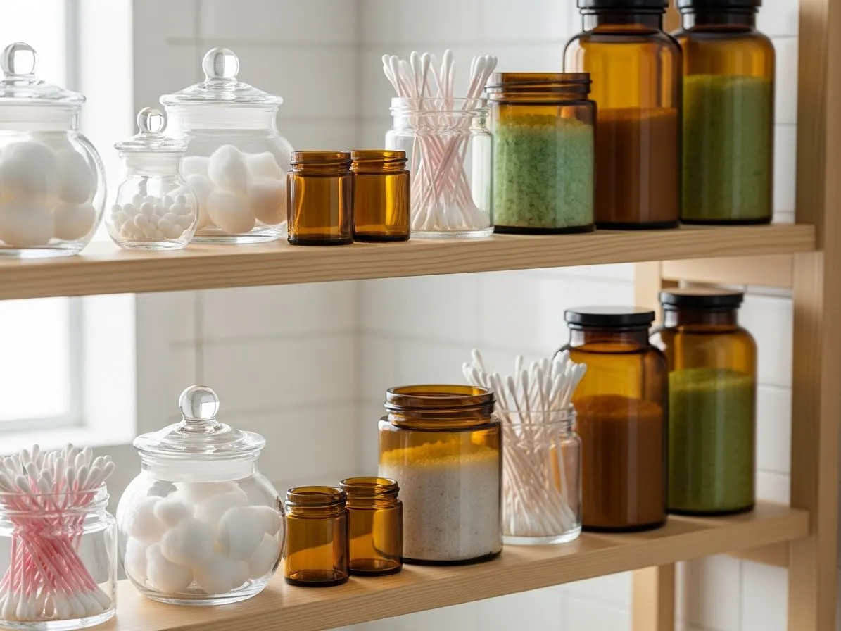 Bathroom shelf decor ideas using glass jars for organization