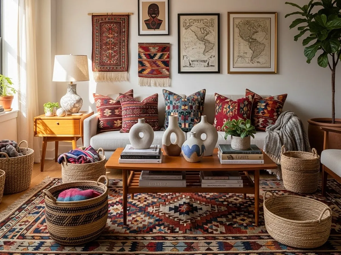 Eclectic apartment with global-inspired decor like woven baskets and patterned textiles
