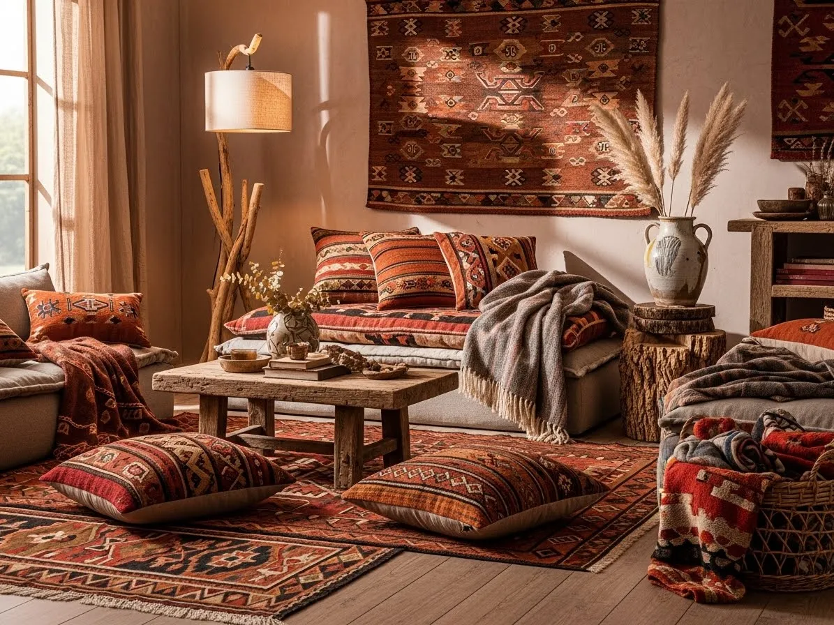 Warm earthy living room with global-inspired textiles and cozy natural tones