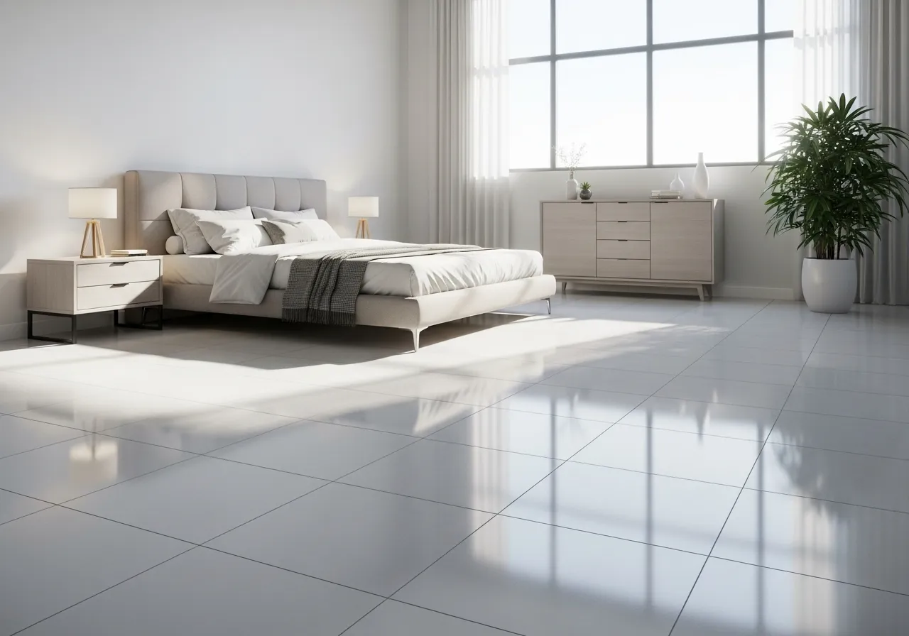 Glossy bedroom-with-tile-floor that looks bright, clean, and modern